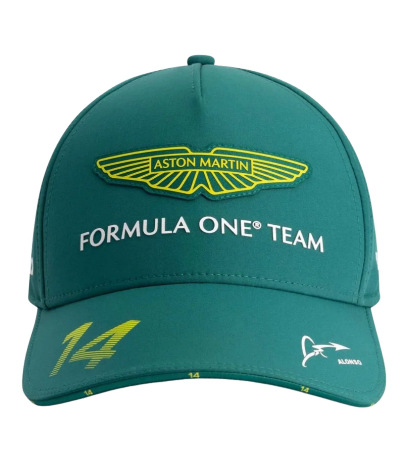 Aston Martin F1 Fernando Alonso 2025 green cap, front view with wings badge and number 14