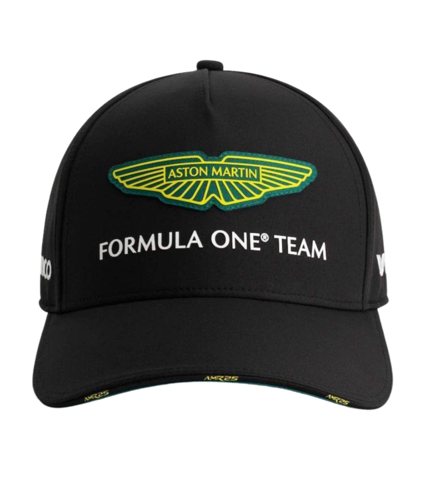 Aston Martin F1 Team 2025 black cap, front view with green and yellow wings badge