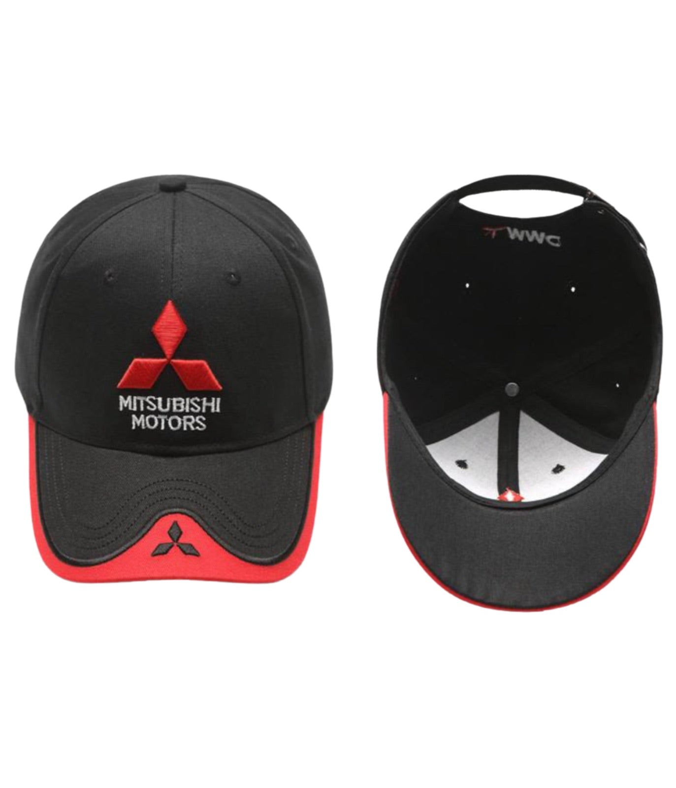Front and inside view of the black and red Mitsubishi Motors embroidered cap