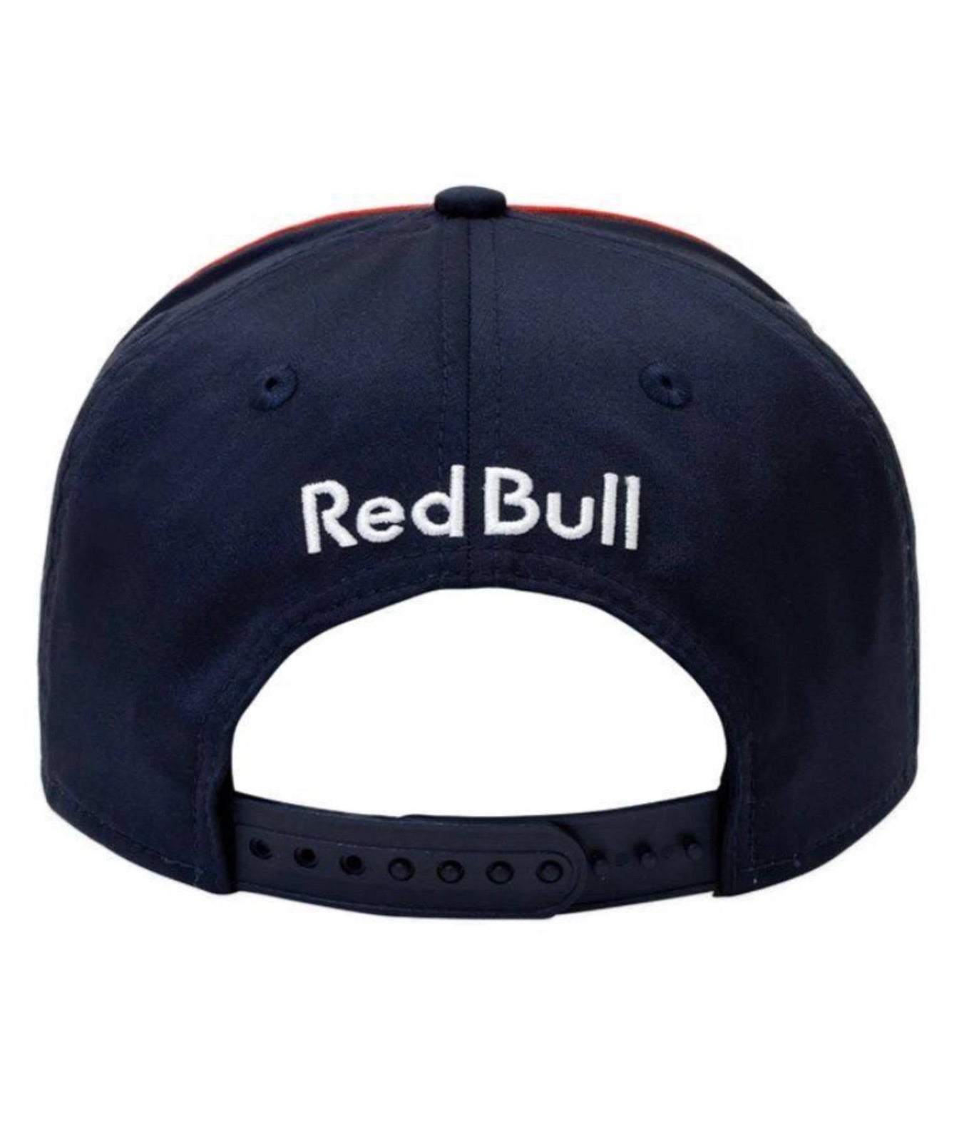 Back of the Red Bull F1 Max Verstappen 2023 cap showing white Red Bull embroidery and adjustable snapback strap