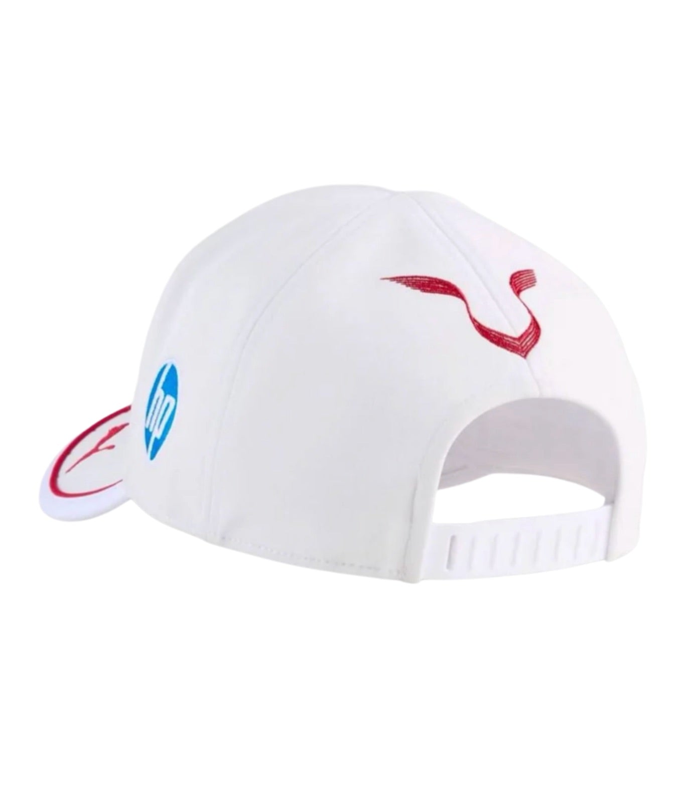 Back of the white Scuderia Ferrari F1 embroidered cap showing the HP logo, Puma mark and adjustable strap
