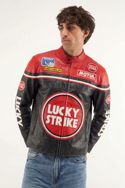 Lucky Strike Racing Leather Jacket - Red Edition | VELOCE