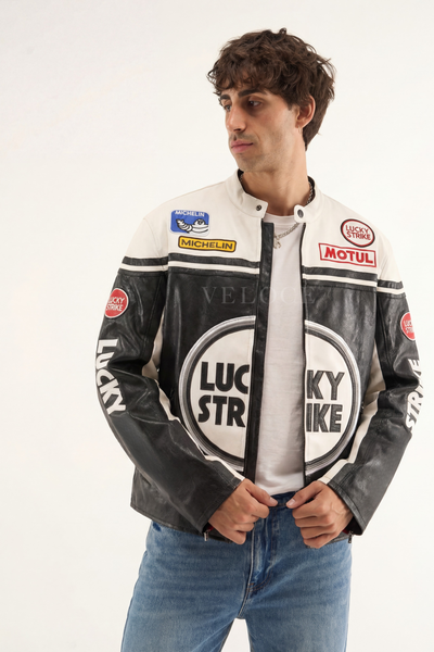 Lucky Strike Racing Leather Jacket - White Edition | VELOCE