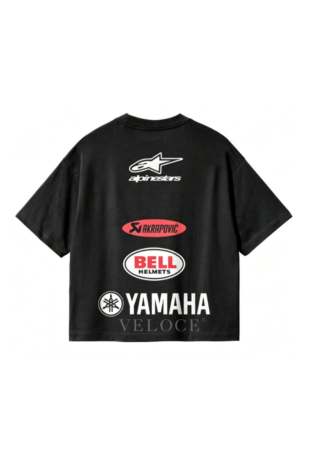 Back of the Alpinestars Racing T-Shirt with Alpinestars, Akrapovic, Bell Helmets and Yamaha logos stacked