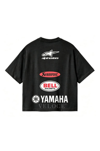 Back of the Alpinestars Racing T-Shirt with Alpinestars, Akrapovic, Bell Helmets and Yamaha logos stacked