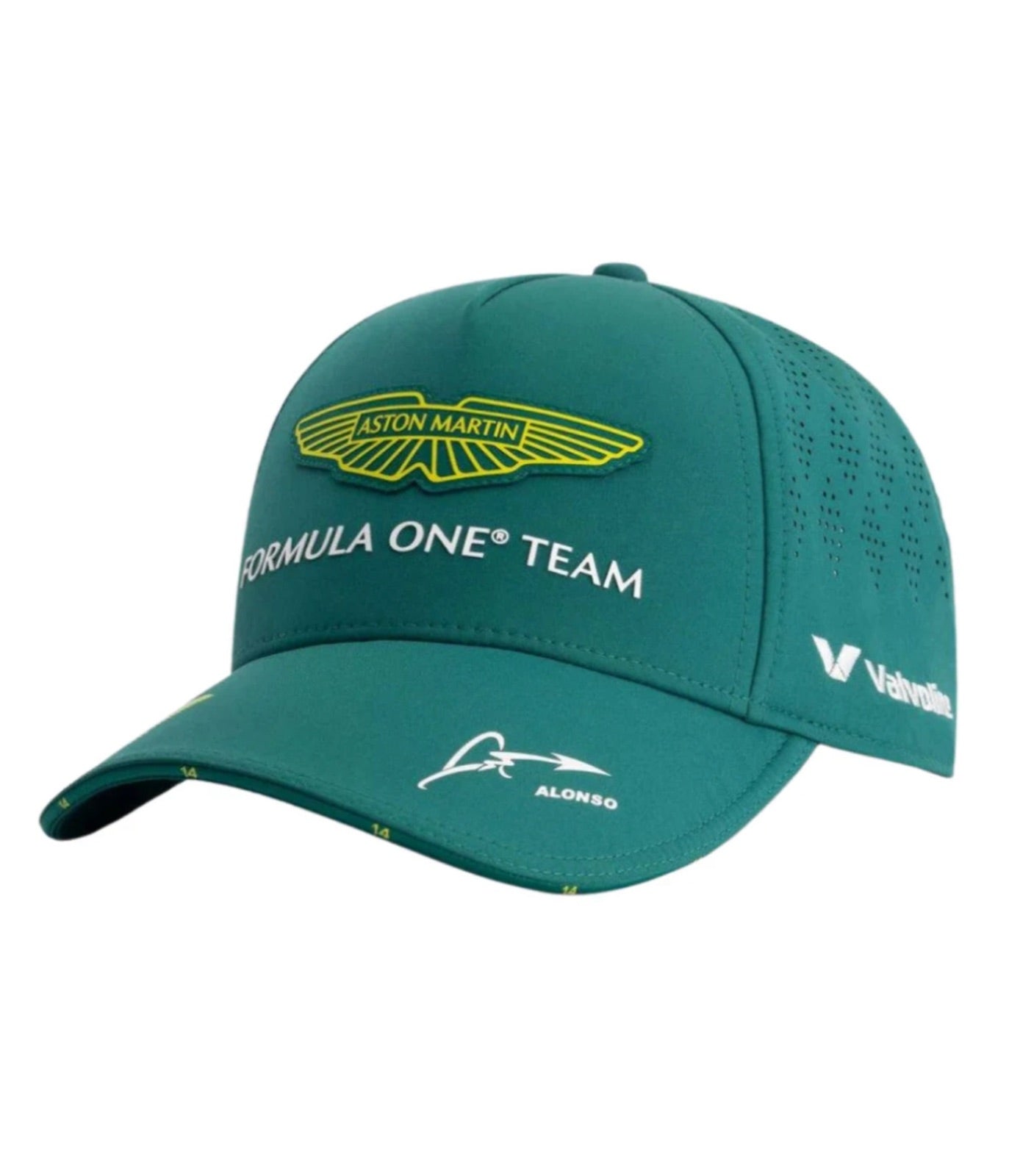Green Aston Martin F1 cap at an angle showing the Alonso signature and Valvoline logo