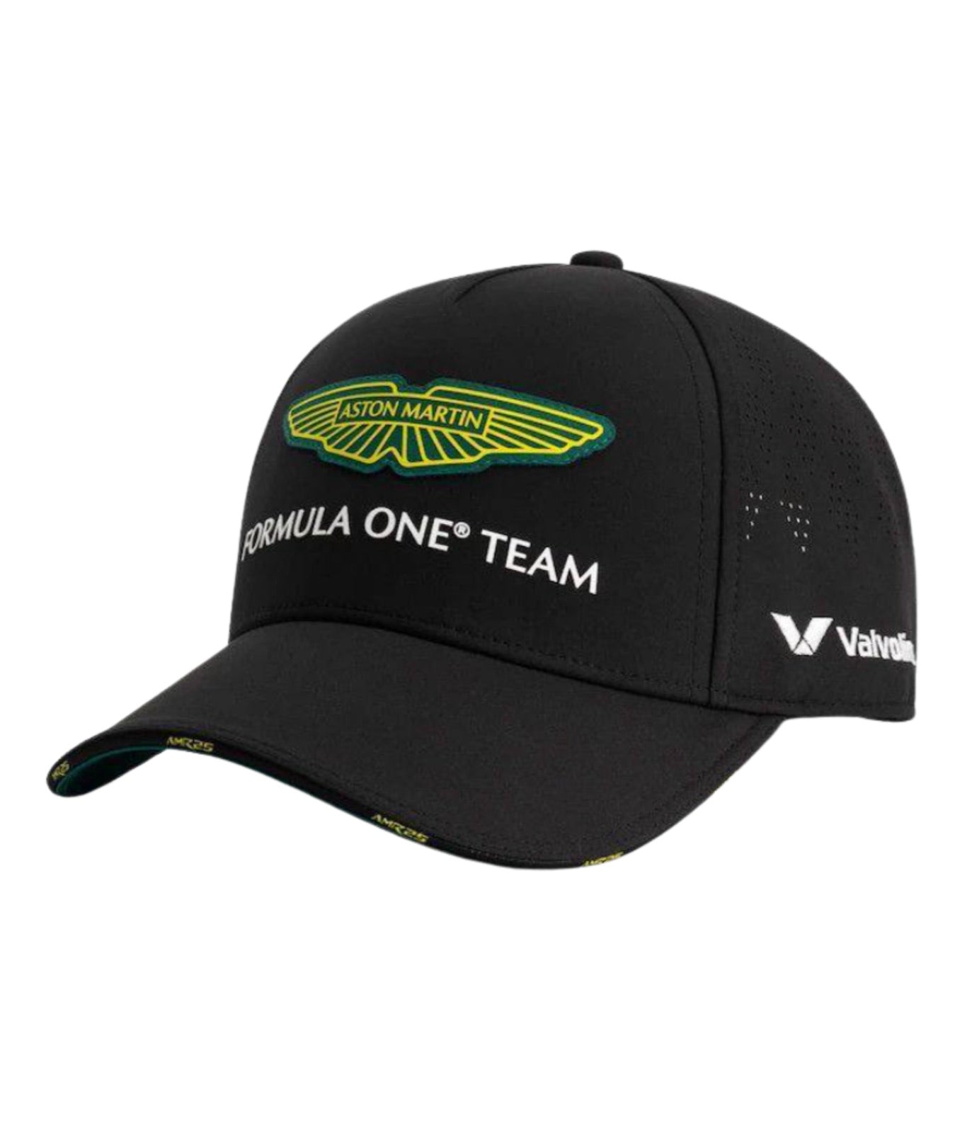 Black Aston Martin F1 Team 2025 cap at an angle showing laser-cut vents and Valvoline logo