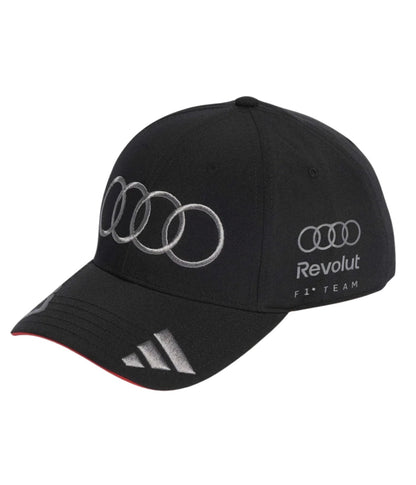 Audi F1 Team 2026 black embroidered cap with silver four rings and Revolut logo