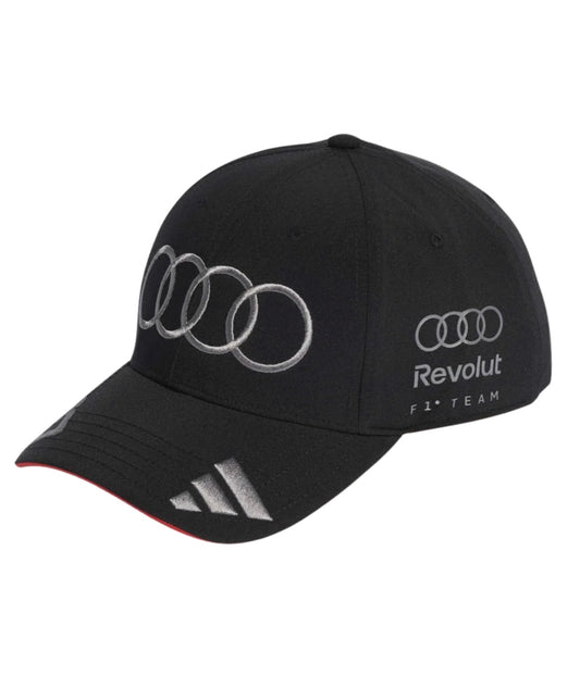 Audi F1 Team 2026 black embroidered cap with silver four rings and Revolut logo