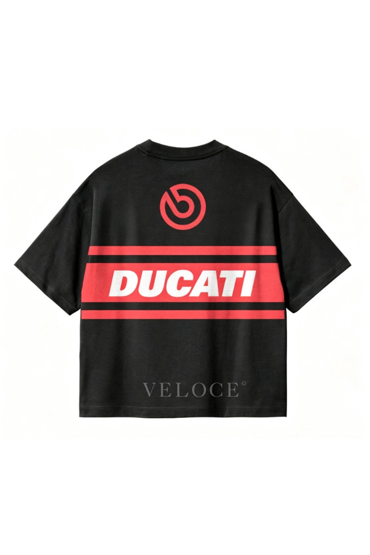 Back of the Ducati Racing T-Shirt with the Brembo roundel above a full-width red Ducati stripe