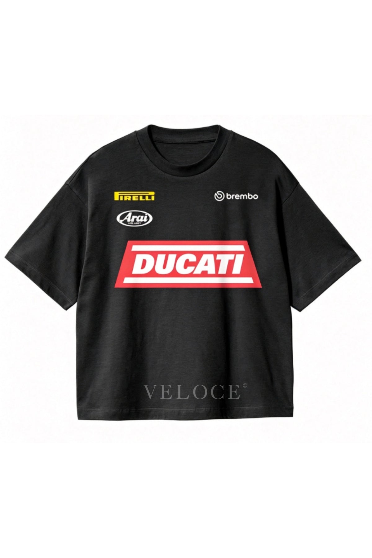 Ducati Racing T-Shirt in black with the red Ducati block and Pirelli, Arai and Brembo logos on the front