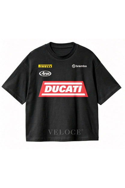 Ducati Racing T-Shirt in black with the red Ducati block and Pirelli, Arai and Brembo logos on the front