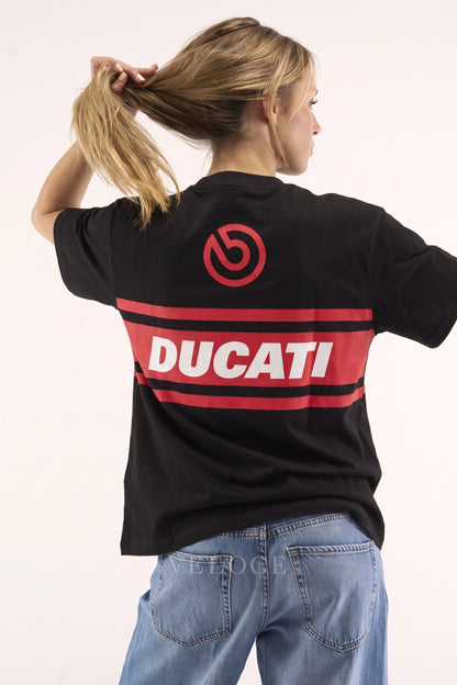Woman wearing the Ducati Racing T-Shirt from behind, showing the Brembo roundel and red Ducati stripe