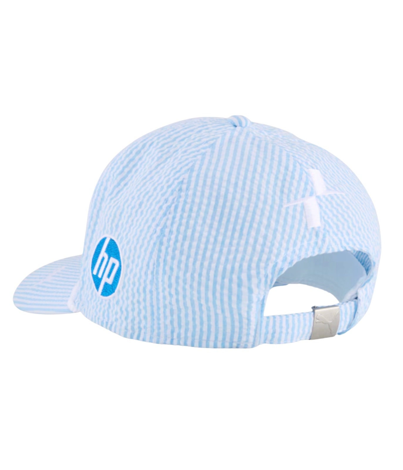 Back of the Ferrari F1 2025 seersucker cap showing the HP logo and adjustable strap