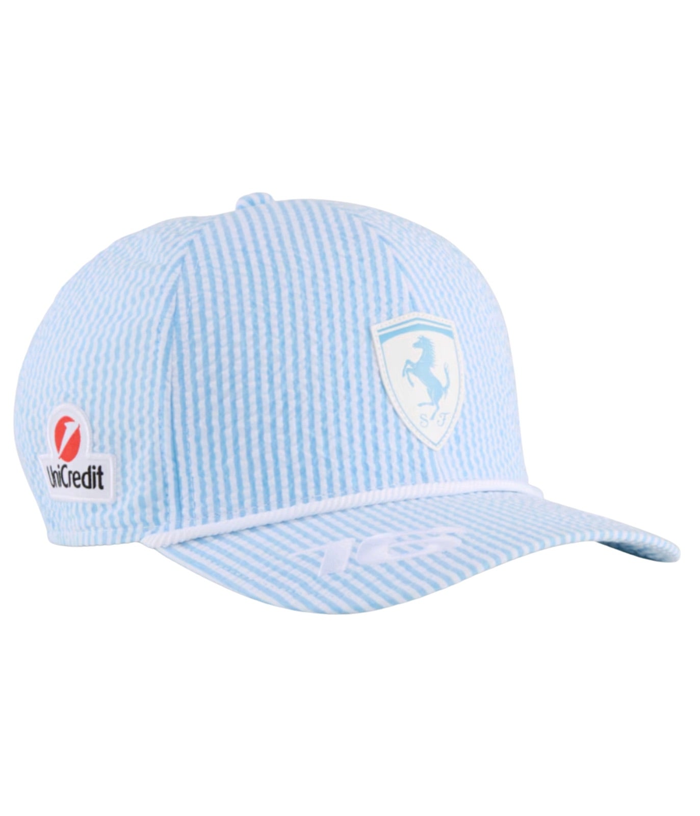 Light blue striped Ferrari F1 2025 seersucker cap at an angle with UniCredit logo and white rope trim