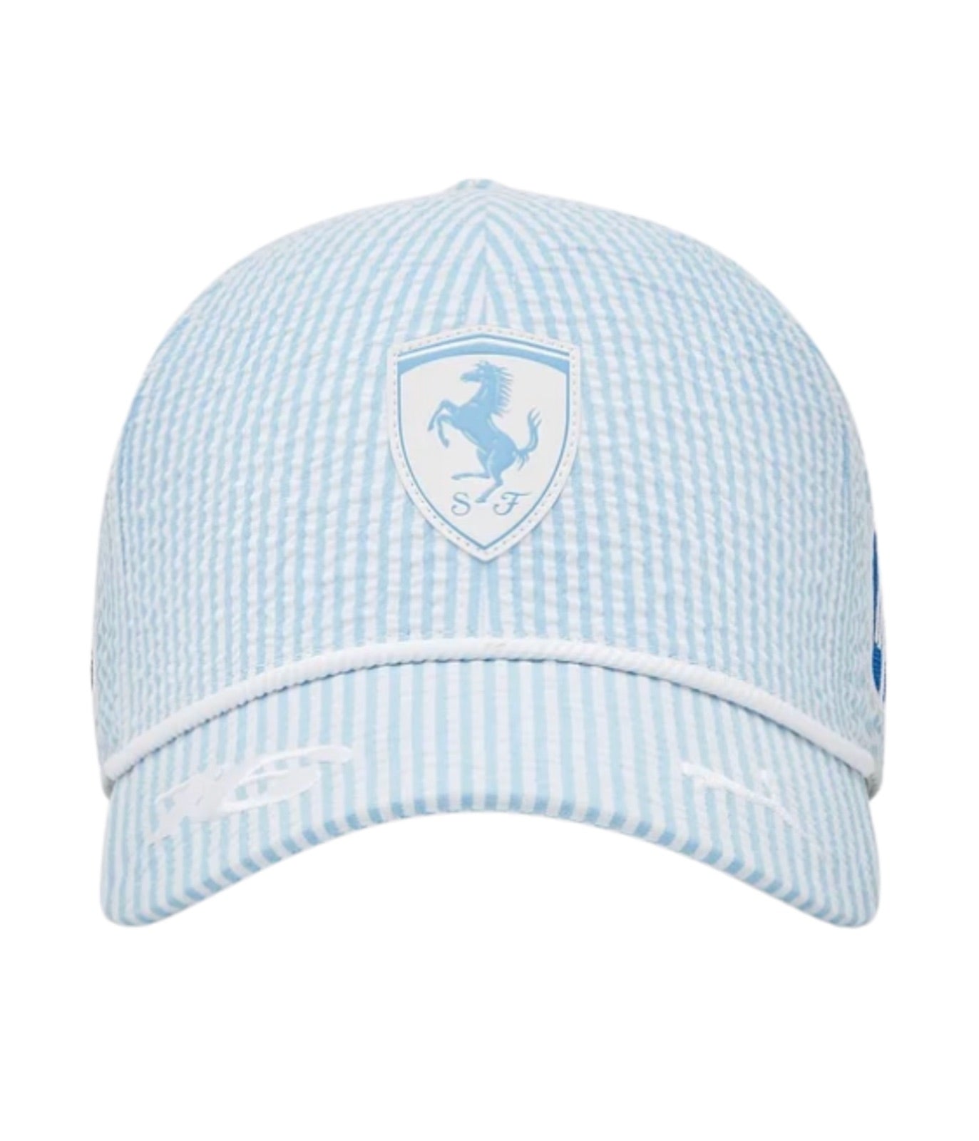 Ferrari F1 2025 light blue seersucker cap, front view with tonal Ferrari shield