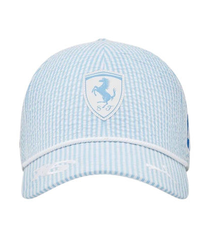 Ferrari F1 2025 light blue seersucker cap, front view with tonal Ferrari shield