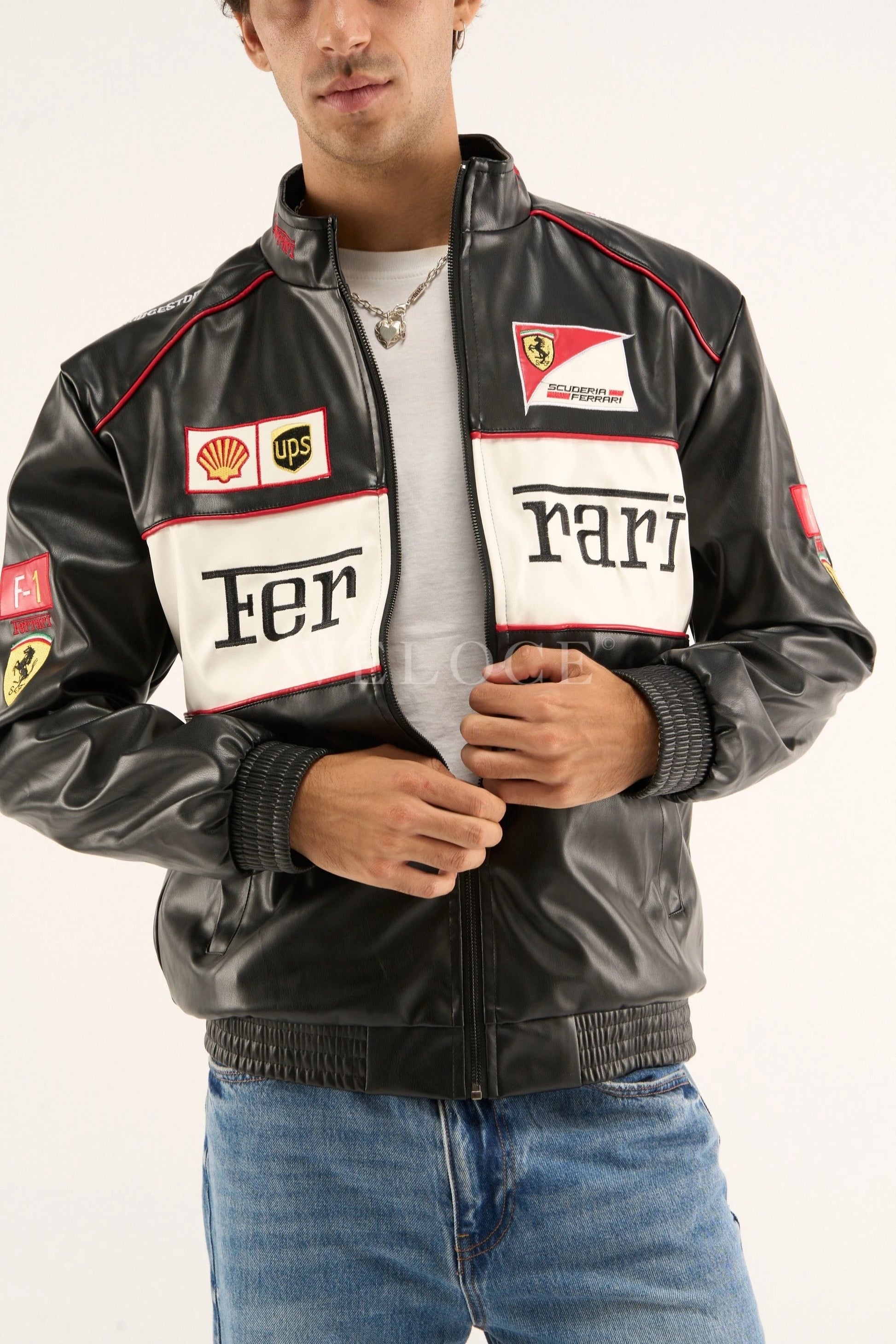 Ferrari F1 Vintage Leather Jacket - White Edition | VELOCE