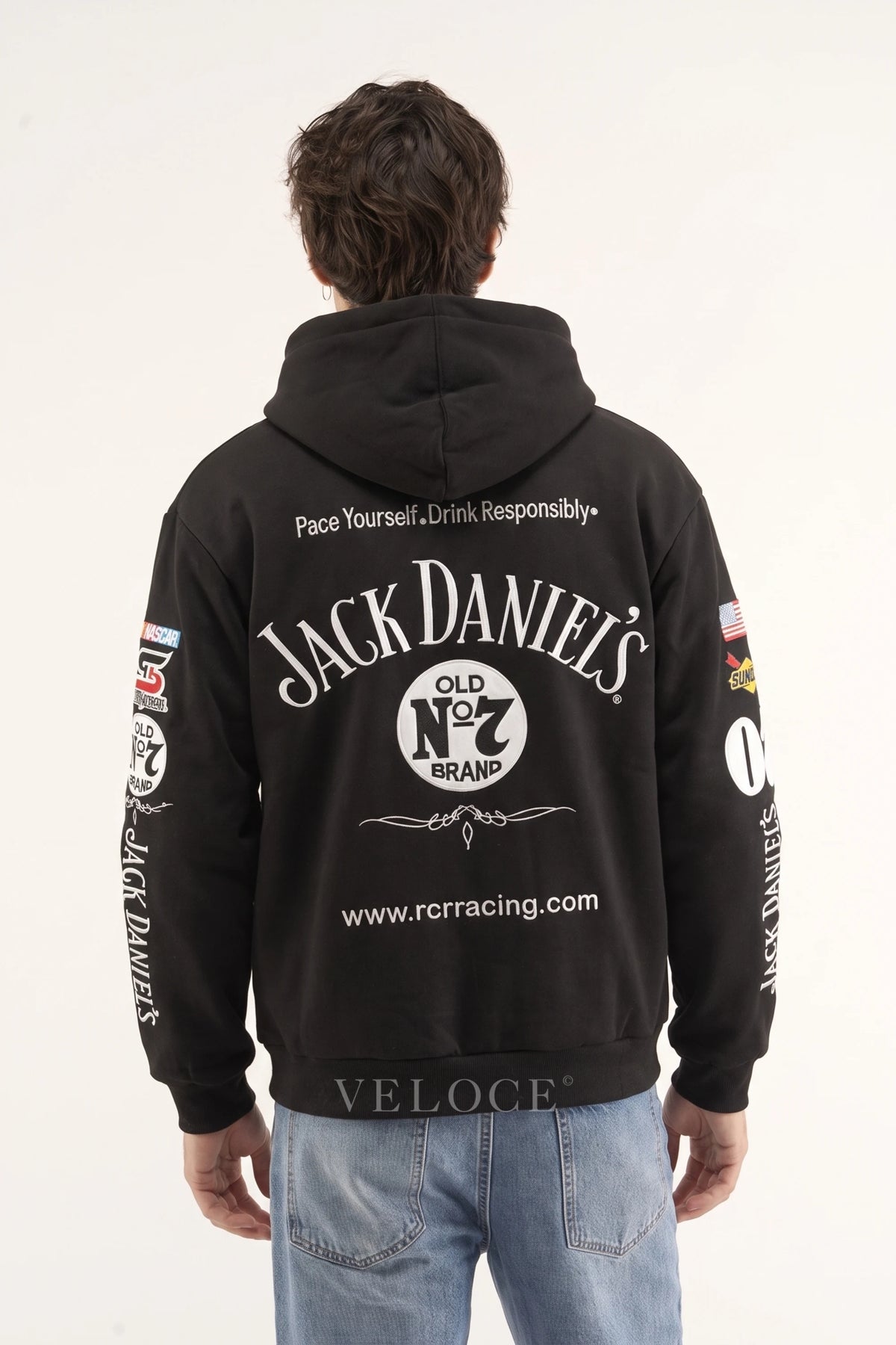 Embroidered Old No.7 label on the back of the Jack Daniel’s racing hoodie