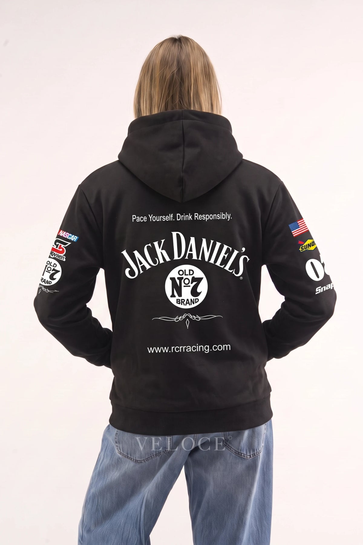 Rear view of the Jack Daniel’s racing hoodie showing the stitched Old No.7 label