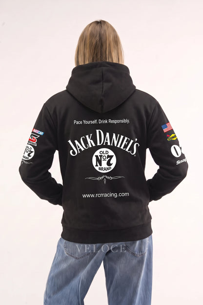 Rear view of the Jack Daniel’s racing hoodie showing the stitched Old No.7 label