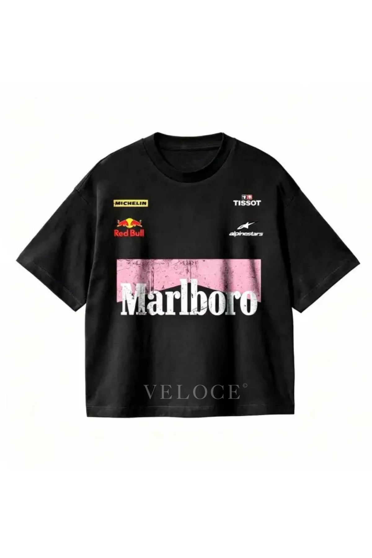 Marlboro Racing T-Shirt in black with pink chevron and Michelin, Red Bull, Tissot and Alpinestars sponsor logos on the front