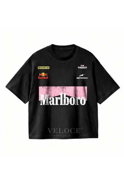 Marlboro Racing T-Shirt in black with pink chevron and Michelin, Red Bull, Tissot and Alpinestars sponsor logos on the front