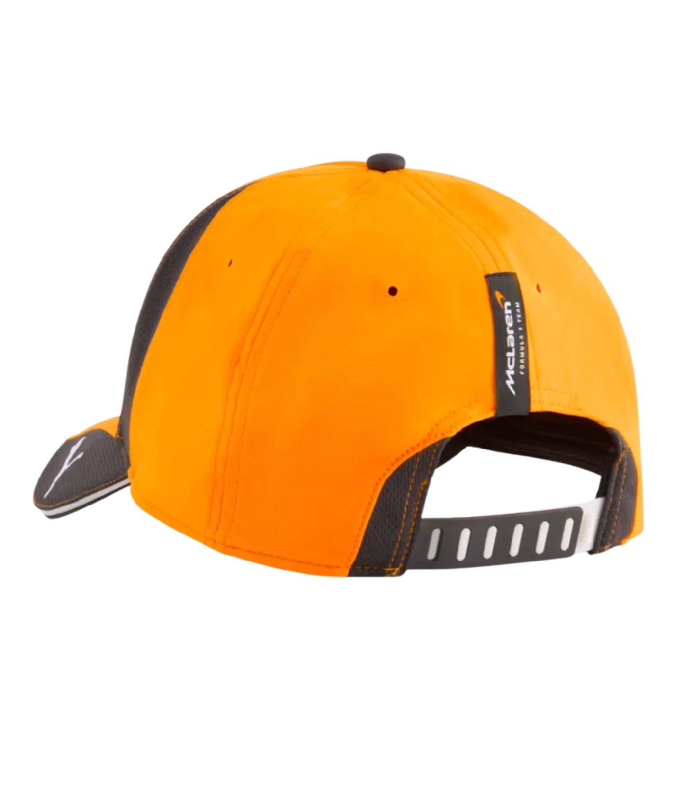 Back of the McLaren F1 Team 2025 papaya cap showing the McLaren Formula 1 Team tab and adjustable strap