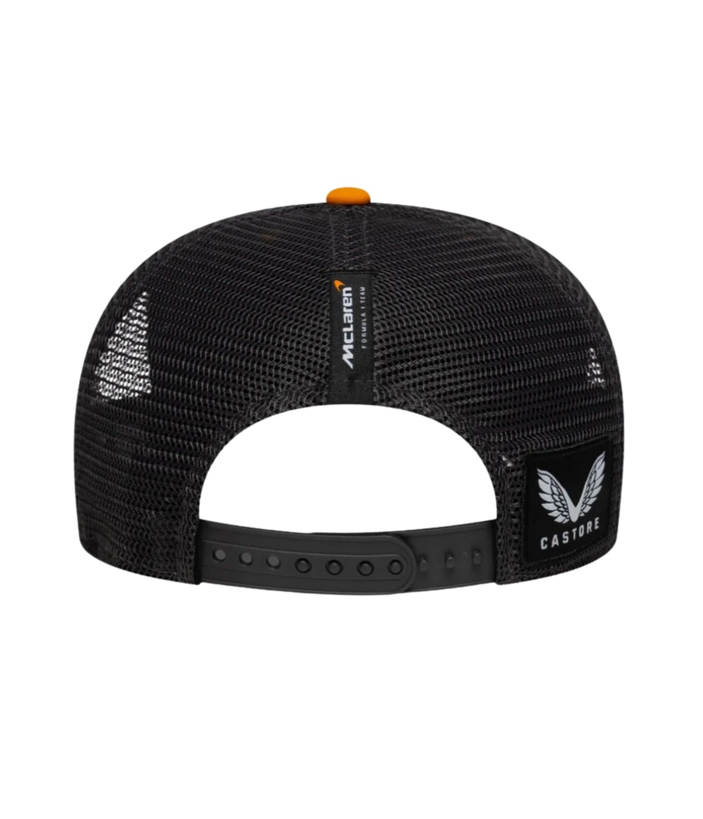 Back of the McLaren F1 Team trucker cap showing black mesh, McLaren F1 Team tab and Castore patch