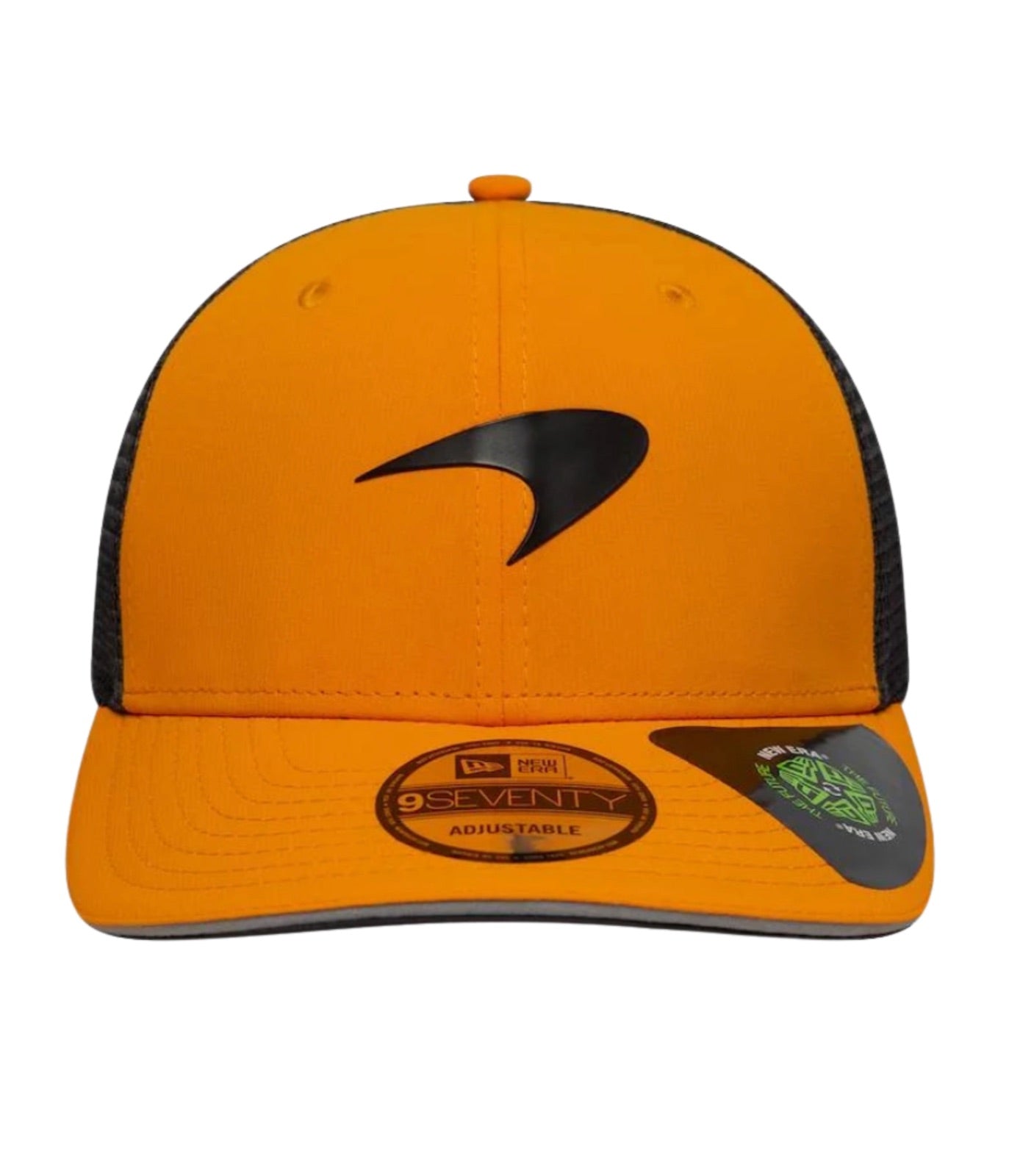 McLaren F1 Team papaya trucker cap, front view with black Speedmark logo and mesh back