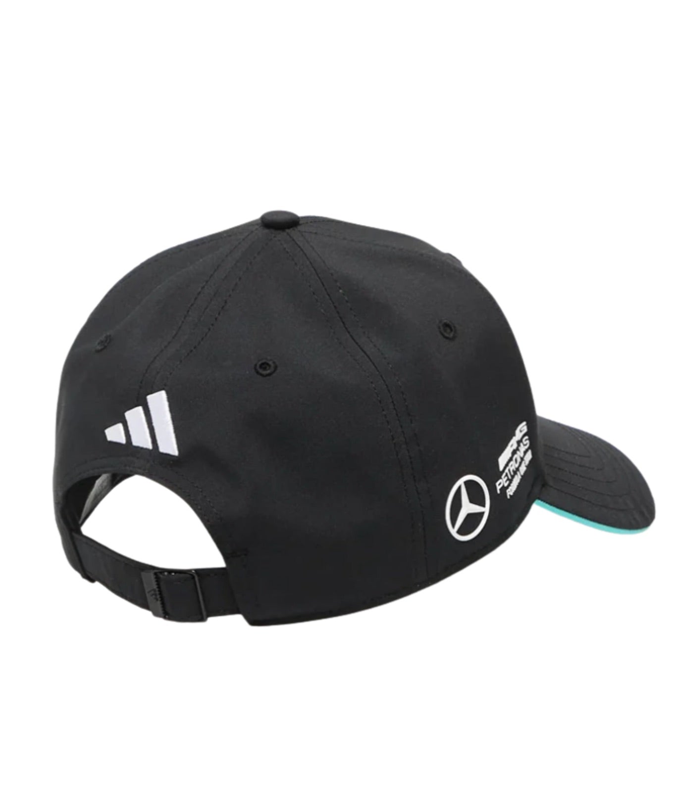 Back of the Mercedes AMG F1 Team black cap showing the adidas logo and adjustable strap