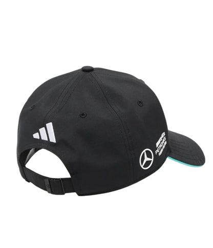 Back of the Mercedes AMG F1 Team black cap showing the adidas logo and adjustable strap