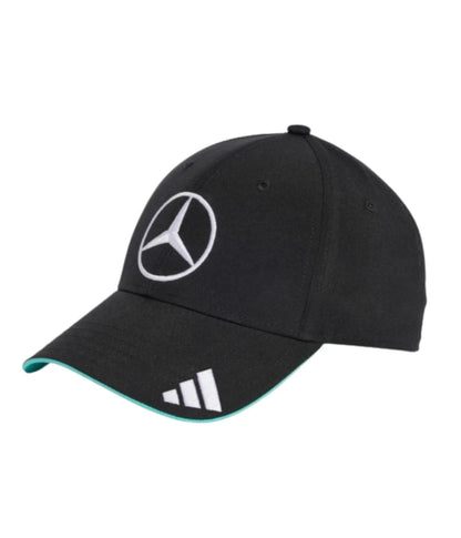 Black Mercedes AMG F1 cap at an angle showing the teal brim trim and adidas logo