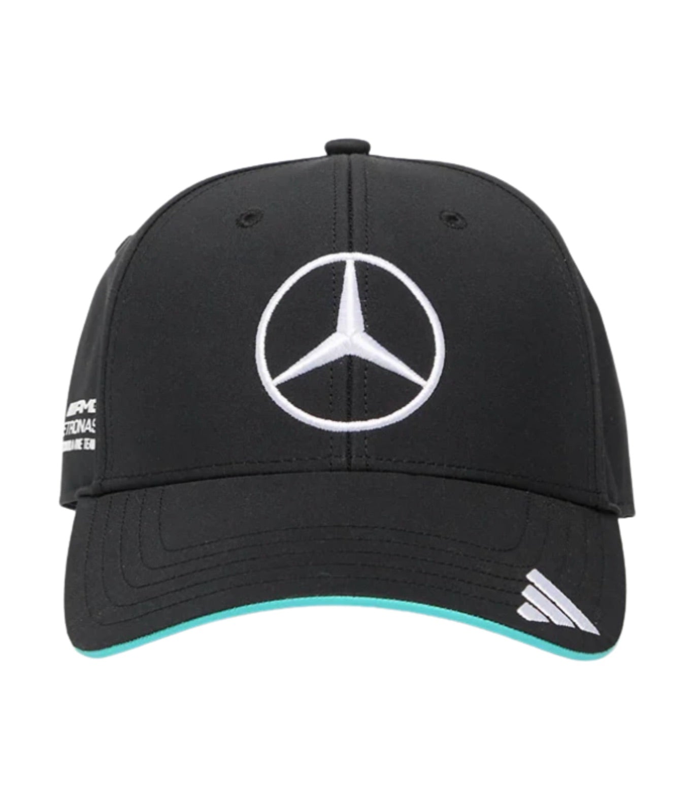 Mercedes AMG F1 Team black embroidered cap, front view with silver Mercedes star