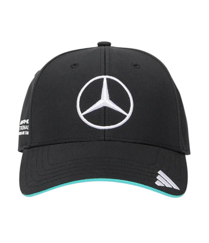 Mercedes AMG F1 Team black embroidered cap, front view with silver Mercedes star
