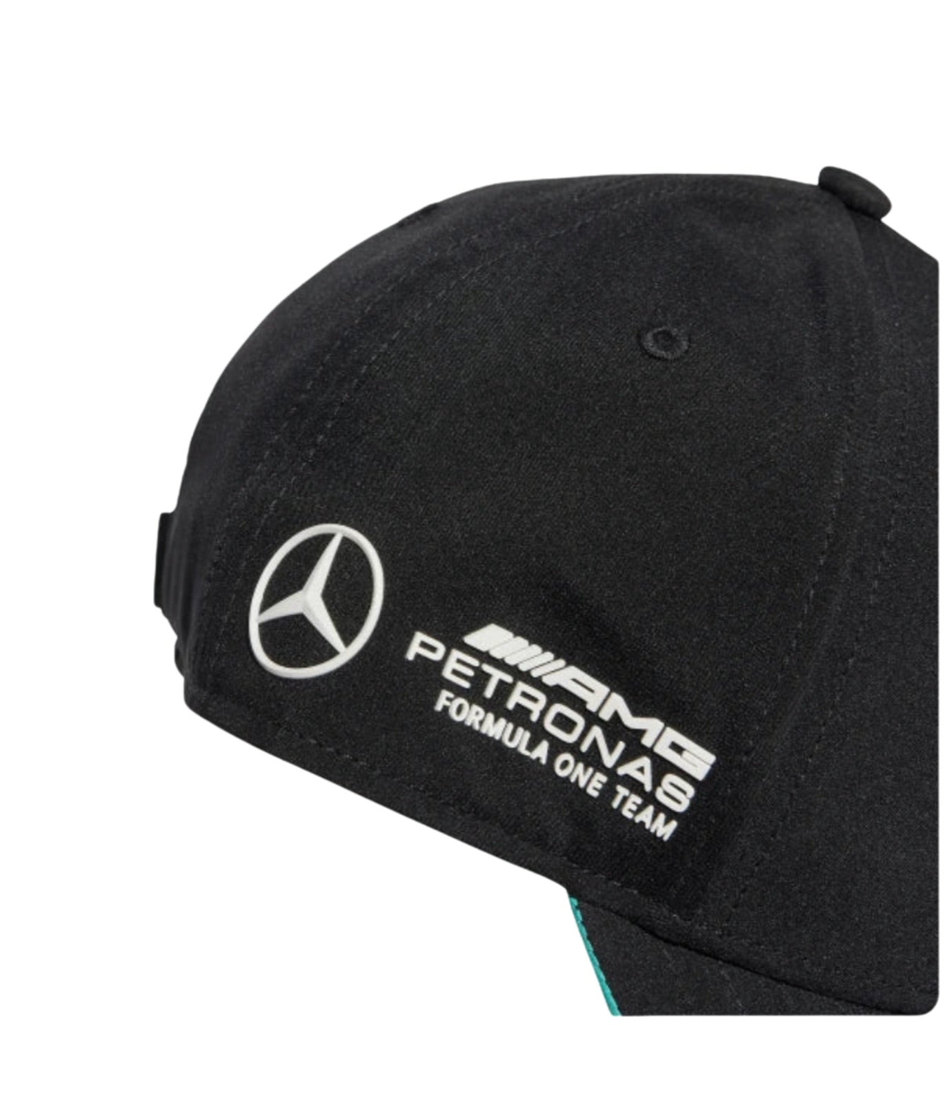 Side detail of the Mercedes AMG Petronas Formula One Team lettering on the black cap