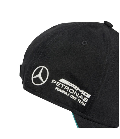 Side detail of the Mercedes AMG Petronas Formula One Team lettering on the black cap