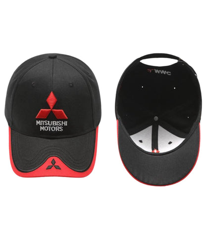 Front and inside view of the black and red Mitsubishi Motors embroidered cap