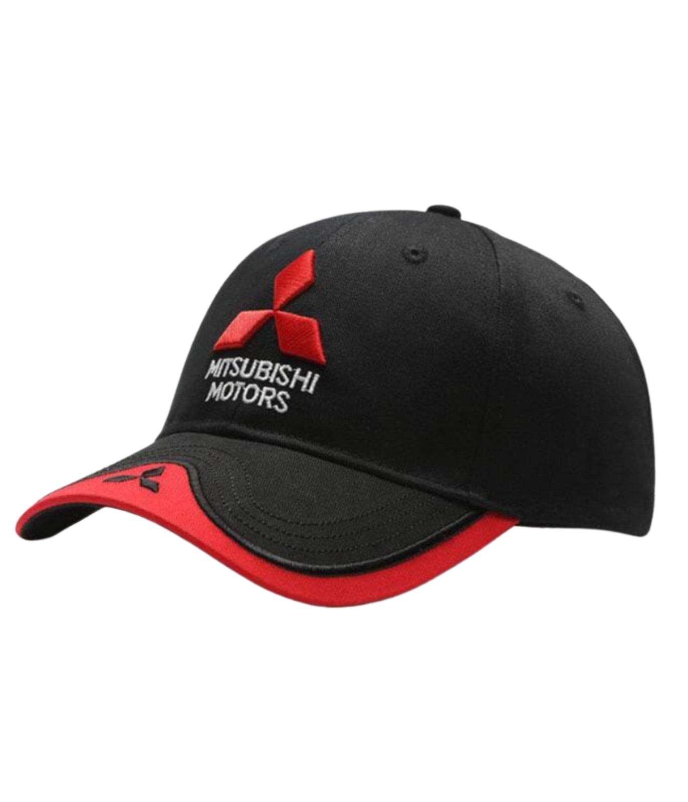 Mitsubishi Motors black and red embroidered cap with red three-diamond logo