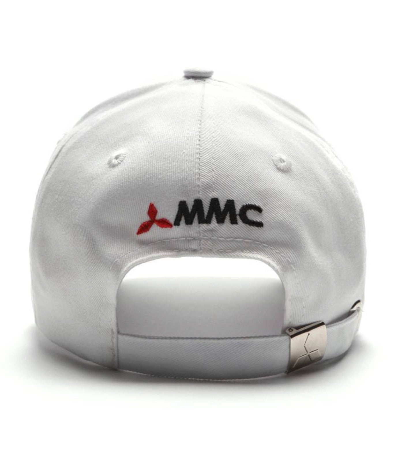 Back of the white Mitsubishi Motors cap showing the embroidered MMC logo and metal clasp
