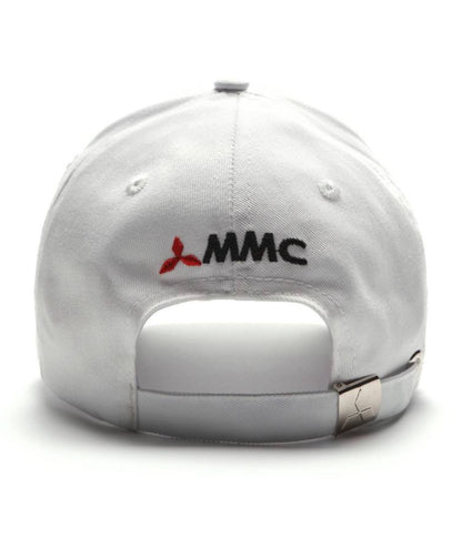 Back of the white Mitsubishi Motors cap showing the embroidered MMC logo and metal clasp