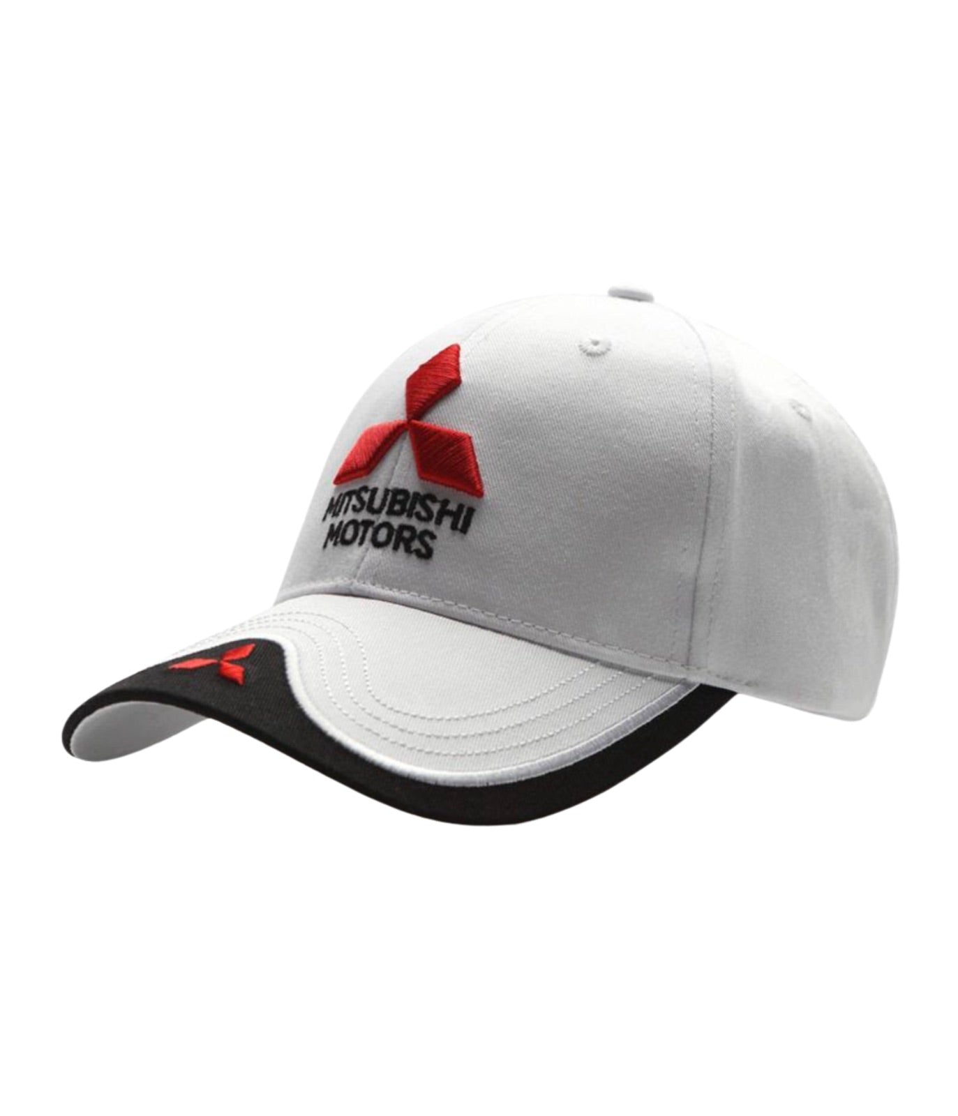 Mitsubishi Motors white embroidered cap with red three-diamond logo and black brim inlay