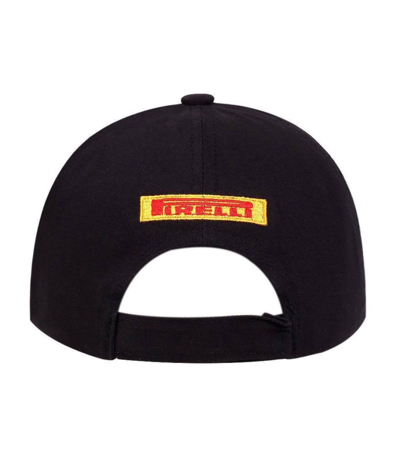 Back of the black Pirelli podium cap showing the small Pirelli logo and adjustable strap