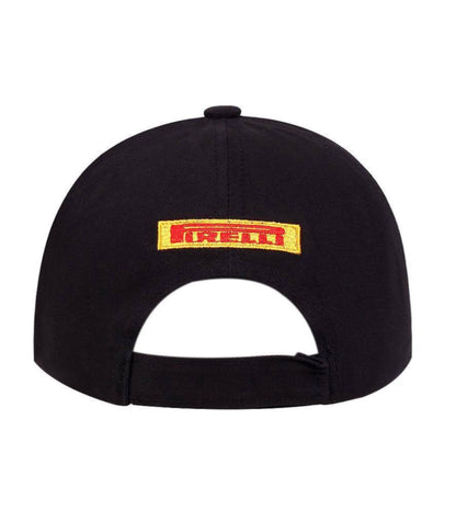 Back of the black Pirelli podium cap showing the small Pirelli logo and adjustable strap