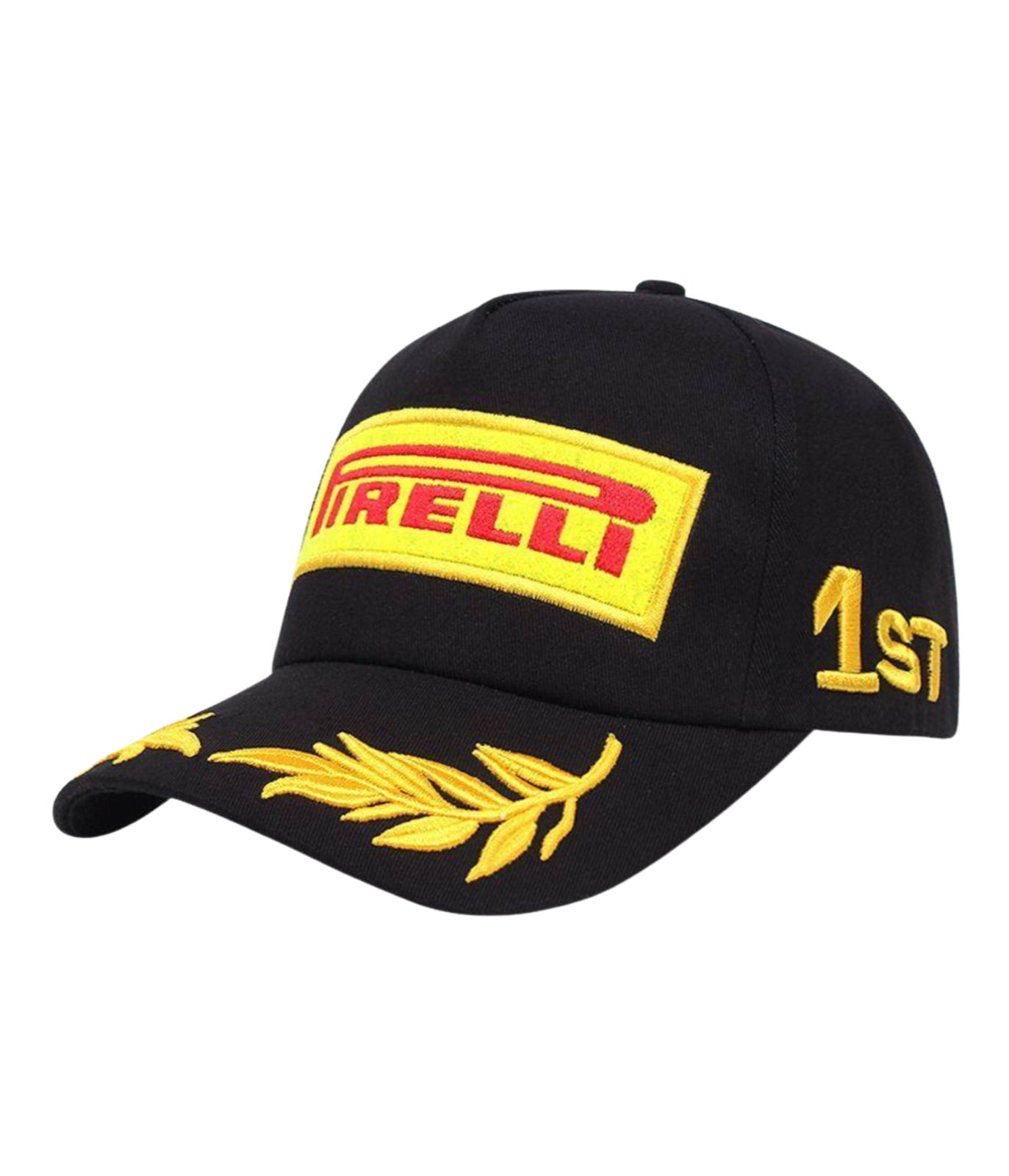 Black Pirelli podium cap at an angle showing the gold 1ST embroidery