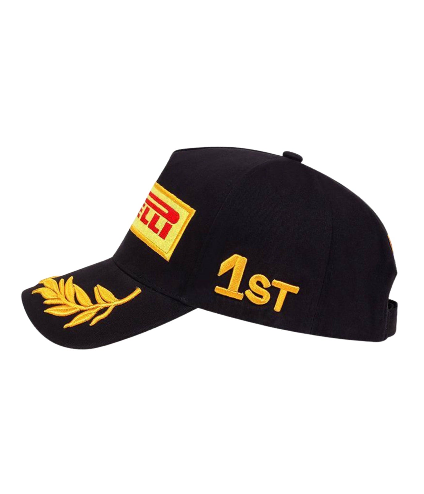 Side view of the Pirelli podium cap with embroidered gold 1ST and laurel detail