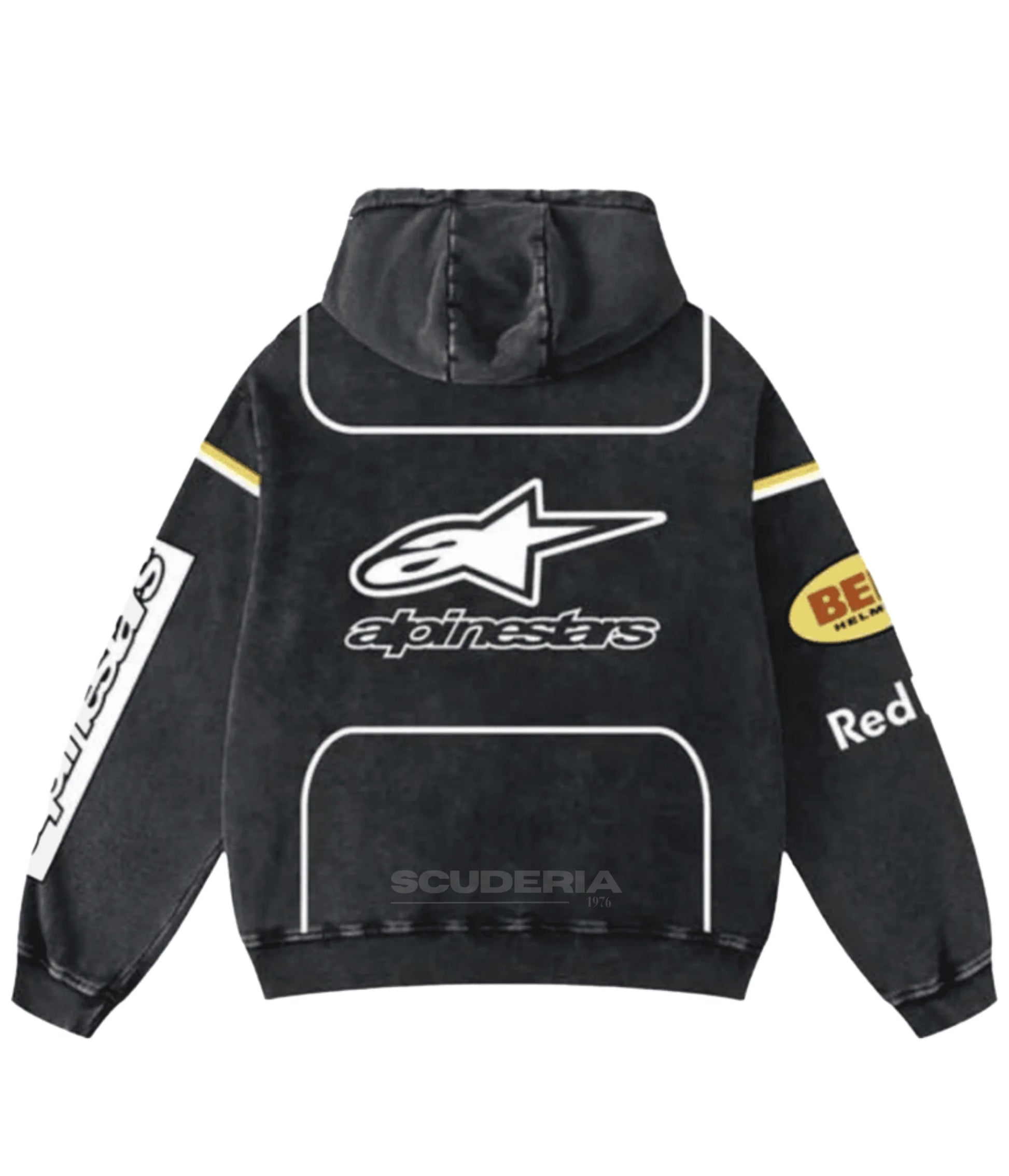 Red Bull Racing Hoodie black washed back view men – vintage racing sweatshirt with Alpinestars star logo, Bell Helmets oval patch, Red Bull branding, washed black oversized hoodie moto sponsor style
