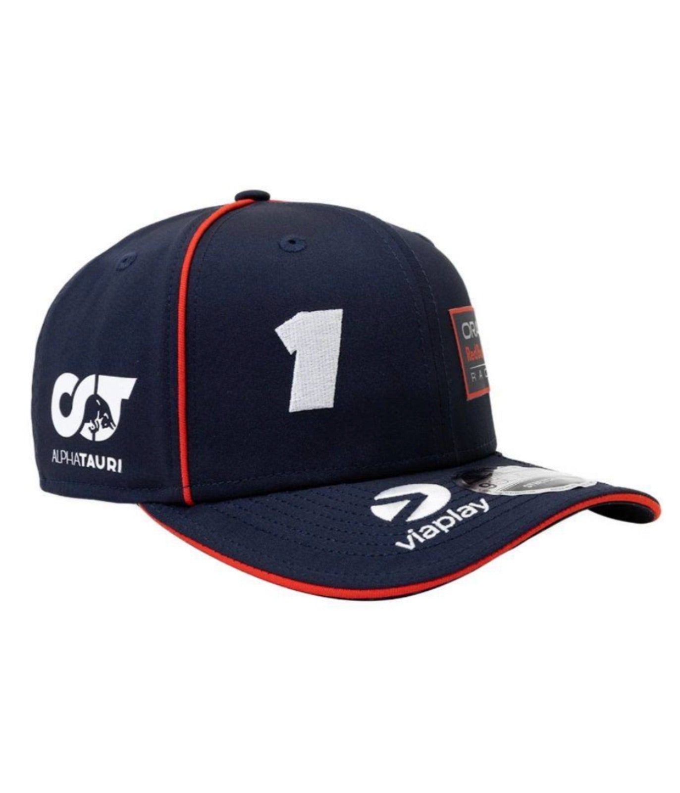 Side view of the Red Bull F1 Max Verstappen 2023 cap with embroidered AlphaTauri logo and Viaplay brim detail