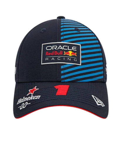 Red Bull F1 Max Verstappen 2024 embroidered cap, front view with blue striped panel and Heineken 0.0 brim