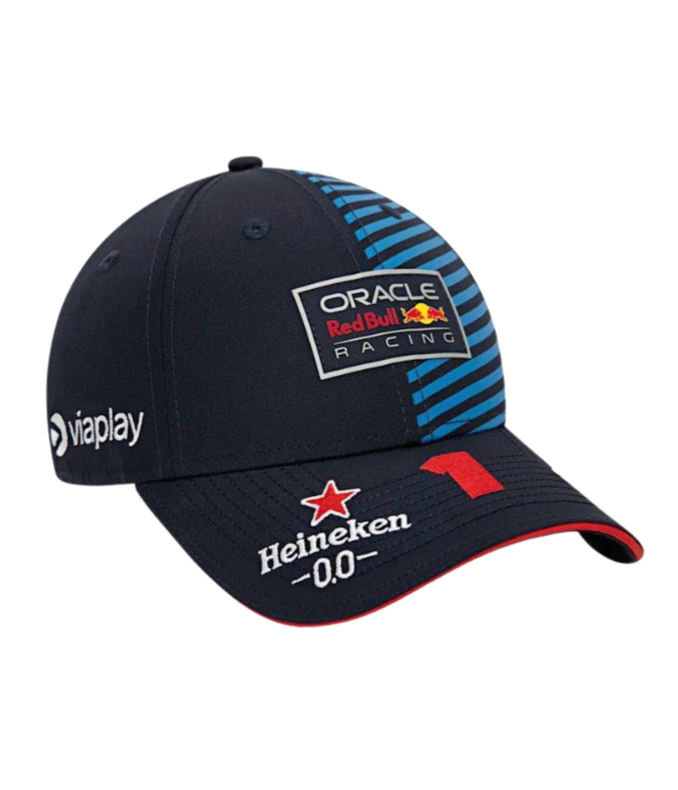 Side angle of the Red Bull F1 2024 cap with Viaplay logo and embroidered No.1 on the brim